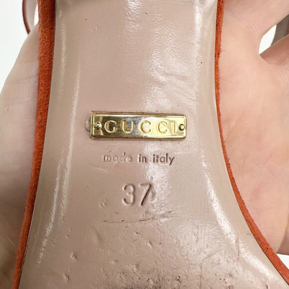 Gucci Horsebit Liliane Flat Suede Sandals Orange Gold Ankle Cuff Strap 37 - Picture 8 of 11